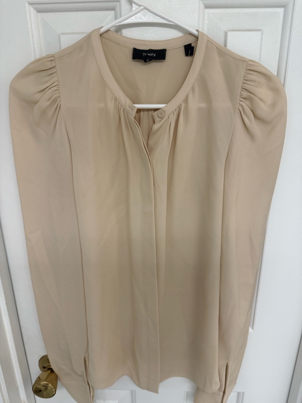Theory Beige Puff-Sleeve Silk-Blend Blouse